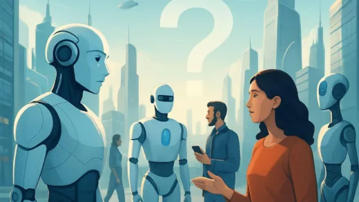A futuristic cityscape with various AI robots and humans interacting, showing a blend of technology and human life, with a subtle hint of a challenge or question mark in the background.