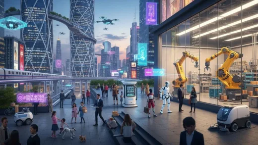 A futuristic cityscape with various types of robots (humanoid, industrial, service) subtly integrated into daily life and work, representing the "Robot Moment" concept.