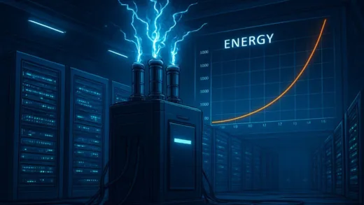 A futuristic data center consuming immense power, with energy graphs showing exponential growth.