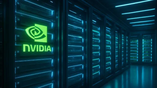 A futuristic data center with advanced GPU racks, glowing with blue and green lights, representing NVIDIA's shift from a GPU company to an AI infrastructure giant. Clean, high-tech, digital art.