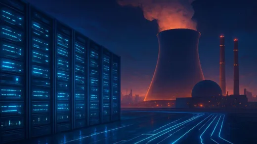 A futuristic data center with glowing servers next to a nuclear power plant, showing the connection between AI technology and energy infrastructure, digital art style