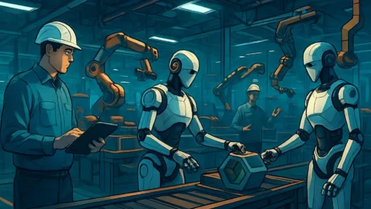 A futuristic factory floor where agile robots work alongside human engineers, with a subtle hint of collaborative complexity in their movements.