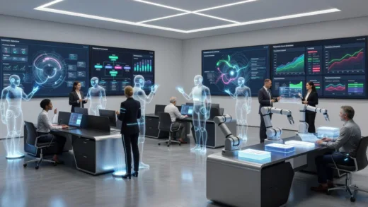A futuristic HR office with AI assistants and human managers collaborating, showing data visualization screens and robotic process automation in a modern corporate environment