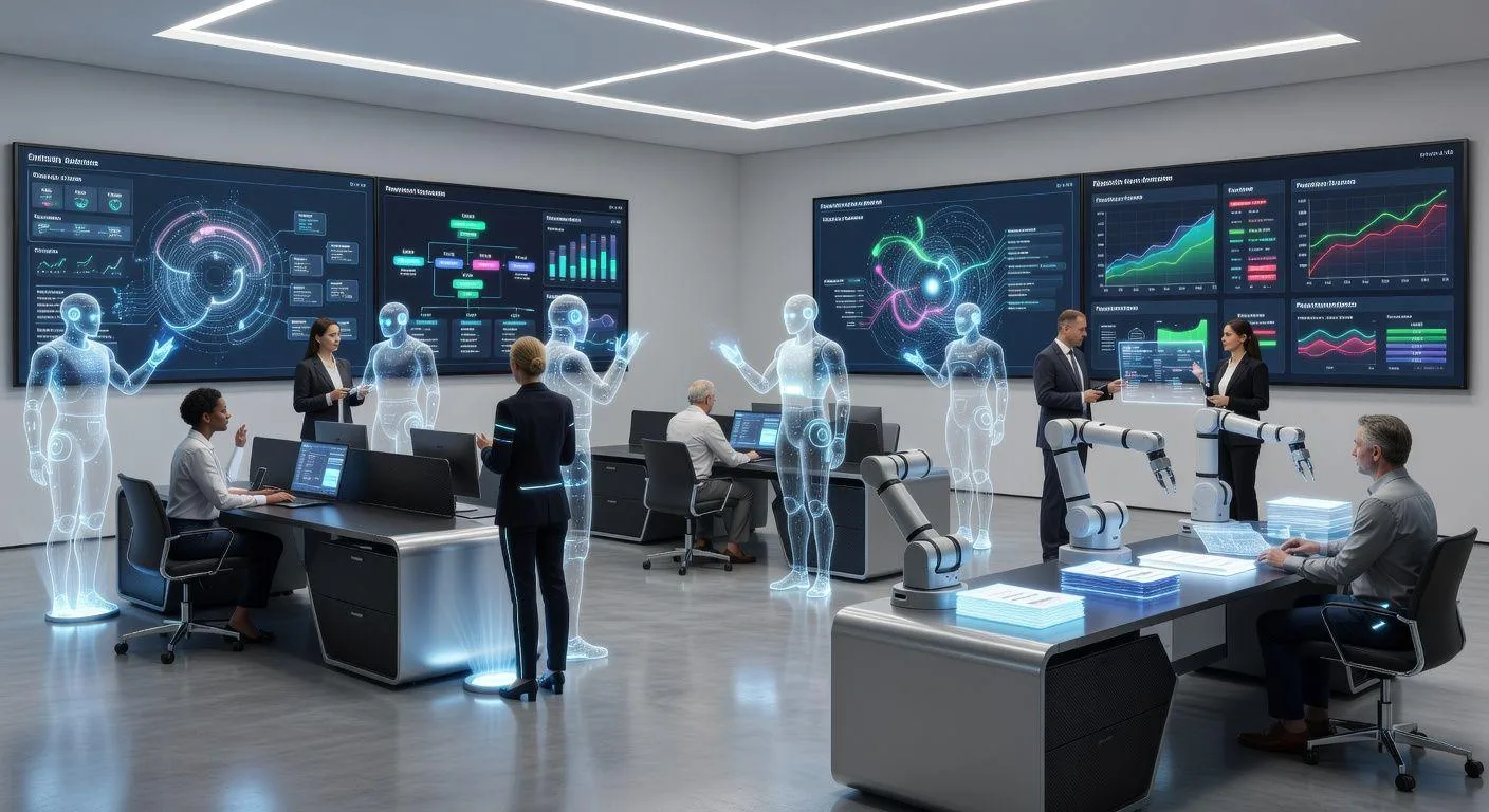 A futuristic HR office with AI assistants and human managers collaborating, showing data visualization screens and robotic process automation in a modern corporate environment