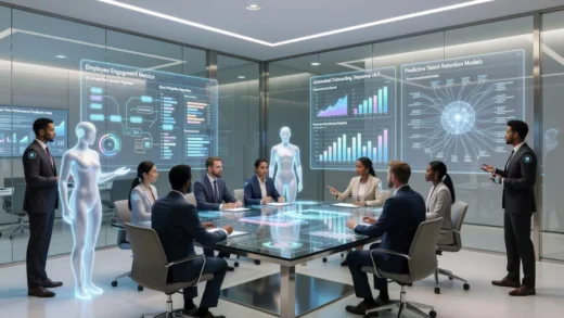 A futuristic HR office with AI assistants and human professionals collaborating, showing data visualization screens and automated workflow diagrams in a modern workspace setting.