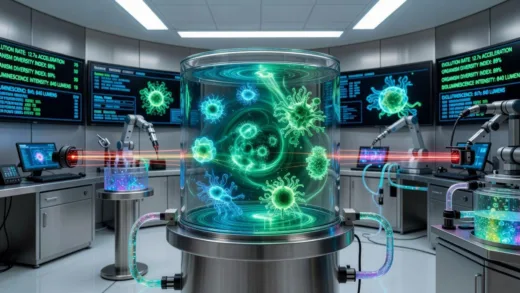 A futuristic laboratory, focus on a bioluminescent petri dish with microscopic organisms rapidly evolving under controlled conditions, surrounded by advanced scientific equipment and glowing monitors.