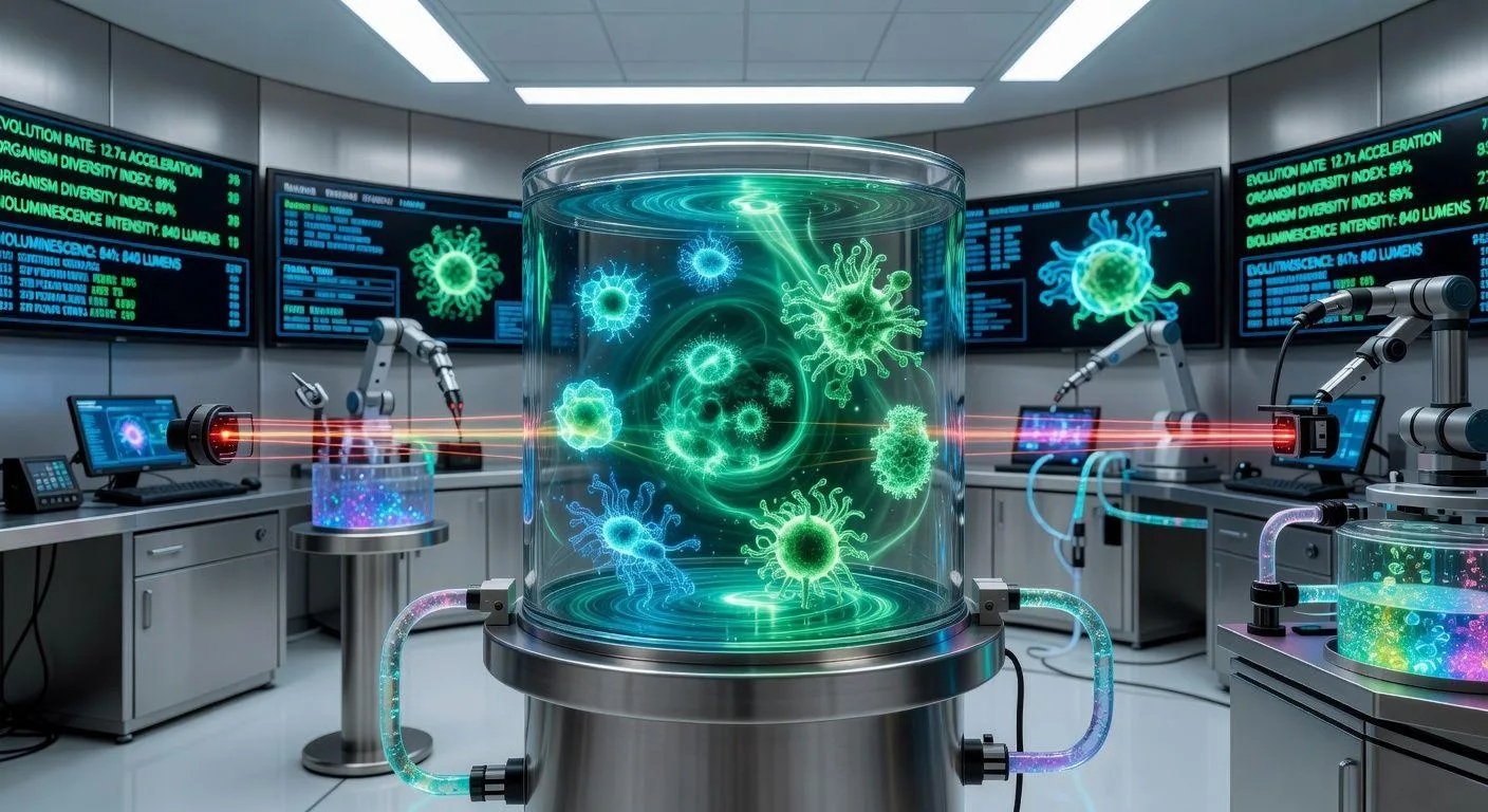 A futuristic laboratory, focus on a bioluminescent petri dish with microscopic organisms rapidly evolving under controlled conditions, surrounded by advanced scientific equipment and glowing monitors.
