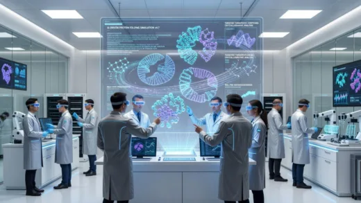 A futuristic laboratory with scientists collaborating with an advanced AI interface displaying complex 3D protein structures, brightly lit, representing innovation in drug discovery.
