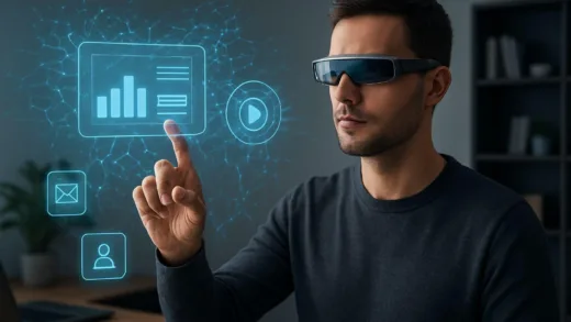 A futuristic person wearing sleek, minimal AR glasses, interacting with digital elements that seamlessly blend into their modern home office environment. Subtle AI neural network patterns glow around the digital objects, symbolizing the integration of AI. The user has a focused, productive expression.