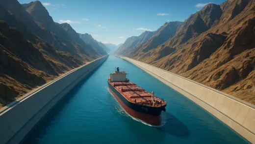 A futuristic rendering of a massive canal cutting through rugged mountains, with a large oil tanker passing through, under a clear sky.