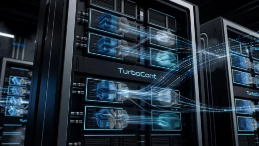 A futuristic server rack with glowing HBM memory modules, a digital representation of data compression flowing through them, with "TurboCont" text subtly integrated.