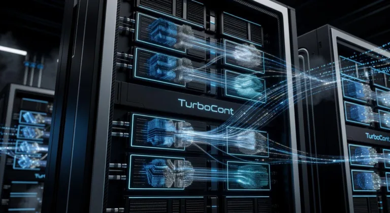 A futuristic server rack with glowing HBM memory modules, a digital representation of data compression flowing through them, with "TurboCont" text subtly integrated.