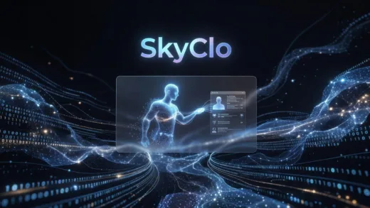 A futuristic, sleek cloud interface with the words "SkyClo" prominently displayed, showing an AI assistant interacting with a user. The interface is clean and user-friendly, set against a backdrop of data streams and digital networks.