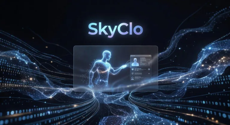 A futuristic, sleek cloud interface with the words "SkyClo" prominently displayed, showing an AI assistant interacting with a user. The interface is clean and user-friendly, set against a backdrop of data streams and digital networks.