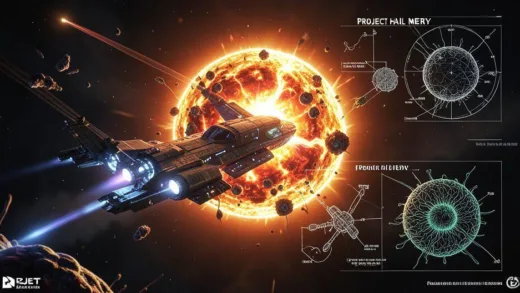 A futuristic spaceship, Project Hail Mary, with glowing engines, orbiting a sun being devoured by alien microbes. Scientific diagrams overlay the scene, illustrating complex concepts. Cinematic, epic.