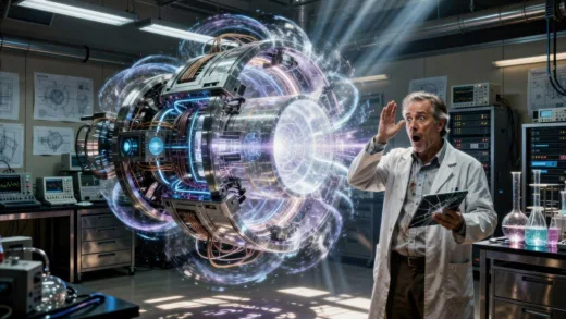 A futuristic time machine disappearing in a flash of light, with a scientist looking shocked, dramatic lighting, scientific research lab background, cinematic.