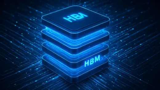 A futuristic visualization of HBF memory chips glowing with blue light, stacked in 3D layers, with data streams flowing between them, representing next-generation AI memory technology.