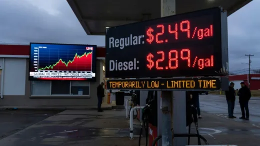 A gas station display showing temporarily low fuel prices, with a subtle background hint of rising global oil prices, implying a temporary market manipulation. The atmosphere is slightly tense and uncertain.