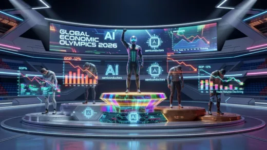 A global economic olympics podium with countries represented as athletes, one standing on gold medal platform with AI and semiconductor symbols, others on lower platforms with declining charts, 2026 futuristic style, detailed illustration