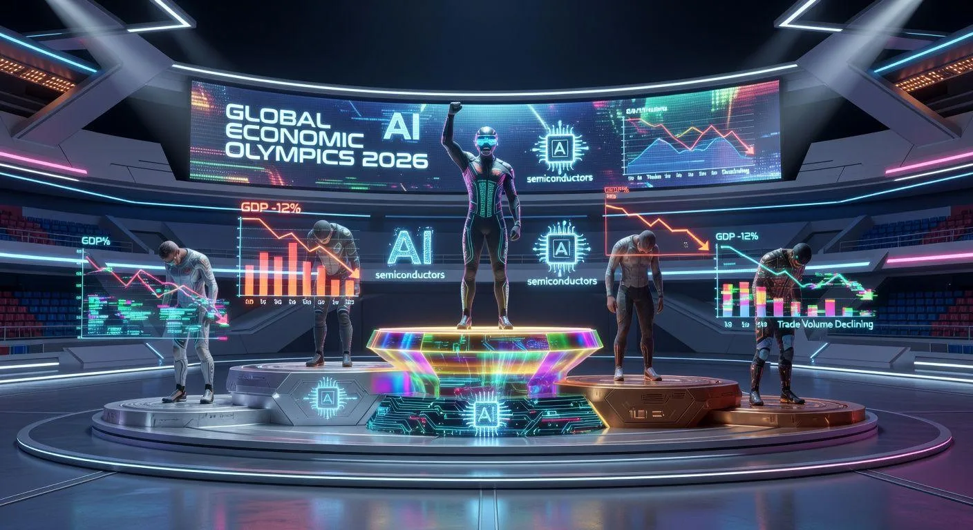 A global economic olympics podium with countries represented as athletes, one standing on gold medal platform with AI and semiconductor symbols, others on lower platforms with declining charts, 2026 futuristic style, detailed illustration