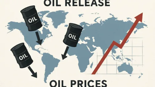 A global map with oil barrels being released from national reserves, an upward arrow on an oil price chart, depicting the paradox of oil release causing price increase, professional and serious tone.