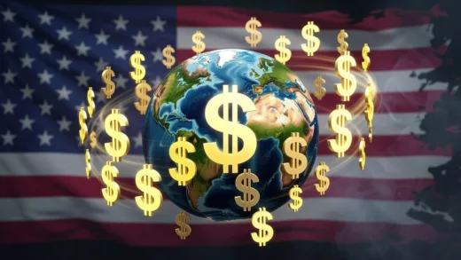 A globe with dollar signs swirling around it, juxtaposed with a fading image of the American flag in the background, illustrating the paradox of a strong dollar amidst doubts about US hegemony.