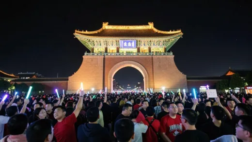 A grand, illuminated Gwanghwamun Gate at night, bustling with a diverse crowd of people, some holding light sticks, reflecting a blend of historical significance and modern-day cultural event.