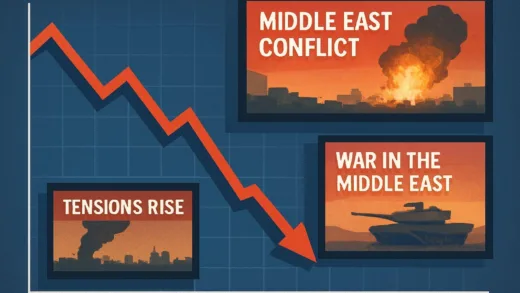 A graph showing global stock market decline with Middle East conflict news headlines on screens