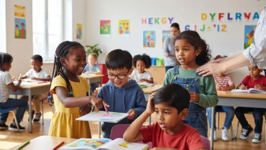 A group of diverse children in a bright, modern classroom, some happily interacting, others looking a bit lost, with a subtle overlay of a caring parent's hand on a child's shoulder, symbolizing the impact of home environment. The setting is a primary school.