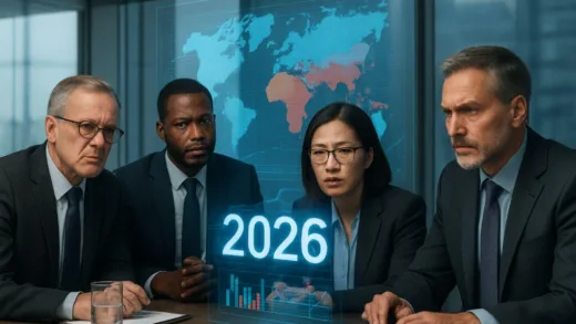 A group of serious, diverse global economists in a modern conference room, looking at a large holographic display showing economic indicators and geopolitical maps, with a sense of urgency. Year 2026 clearly visible on the screen.
