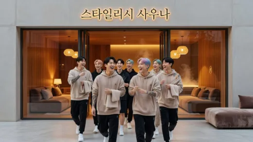 A group of trendy young Korean people, some with tattoos, happily entering a modern, stylish sauna facility with warm, inviting lighting. They are smiling and looking forward to the experience.