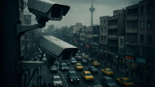 A high-angle, dramatic shot of a bustling Tehran street with old-style CCTV cameras prominently visible, subtly hinting at surveillance and danger. The atmosphere is tense, with a slight digital overlay suggesting hacking or data flow.