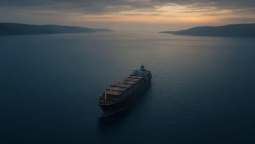 A high-angle view of a vast, calm blue sea with a single, large cargo ship slowly navigating towards a narrow strait in the distance. The atmosphere is tense and uncertain, with a subtle golden glow of dawn or dusk.