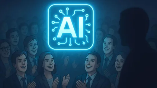 A high-tech AI company logo glowing, surrounded by a crowd of optimistic investors, but with a subtle shadow suggesting uncertainty.