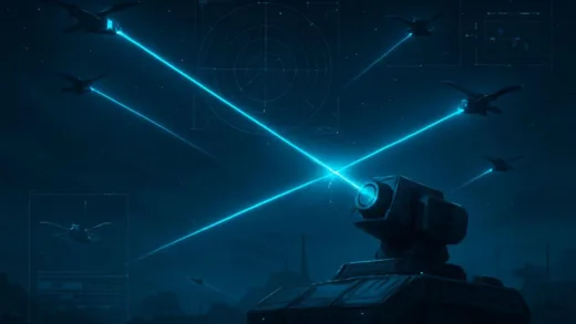 A high-tech laser defense system targeting multiple suicide drones in a futuristic military setting, blue laser beams, advanced radar systems, digital interface overlays, nighttime operation