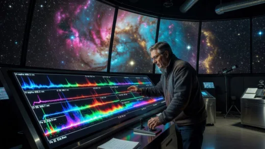 A highly detailed image of an astronomer in a modern observatory, looking at a spectral analysis display. The background shows a vibrant, colorful spectrum of starlight and distant stars.