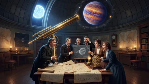 A historical astronomical discovery scene showing a telescope pointing at a star system with a gas giant planet orbiting very close to its parent star, with surprised astronomers observing data charts in an observatory, digital art style.