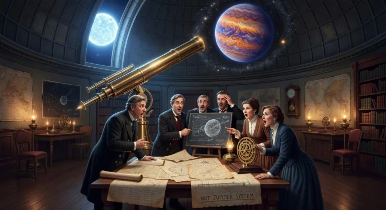 A historical astronomical discovery scene showing a telescope pointing at a star system with a gas giant planet orbiting very close to its parent star, with surprised astronomers observing data charts in an observatory, digital art style.