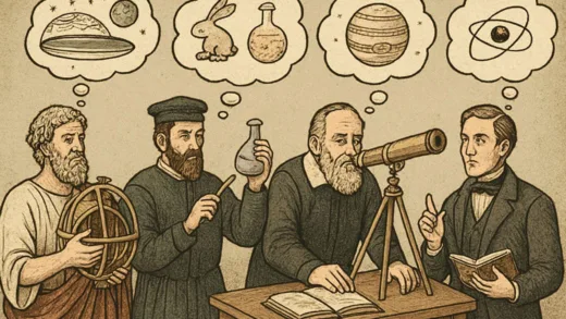 A historical illustration showing scientists from different eras making discoveries and errors, with thought bubbles showing both correct and incorrect theories