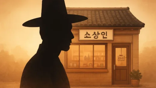 A historical Korean independence activist's silhouette blending with a modern small business owner's shop, symbolizing heritage and support. Soft, warm lighting.