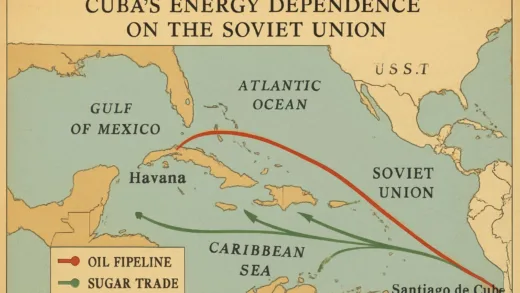 A historical map showing Cuba's energy dependence on the Soviet Union during the Cold War era, with oil pipelines and sugar trade routes visualized