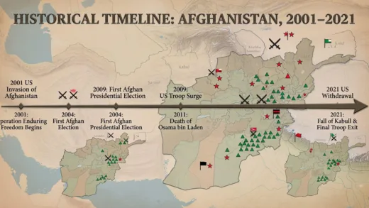 A historical timeline showing key events from 2001 US invasion of Afghanistan to 2021 withdrawal, with maps and military symbols.