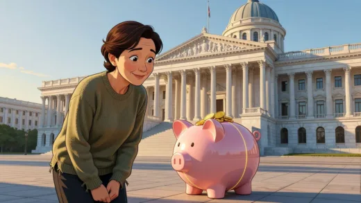 A hopeful middle-aged person looking at a growing piggy bank with government building in the background, digital art style