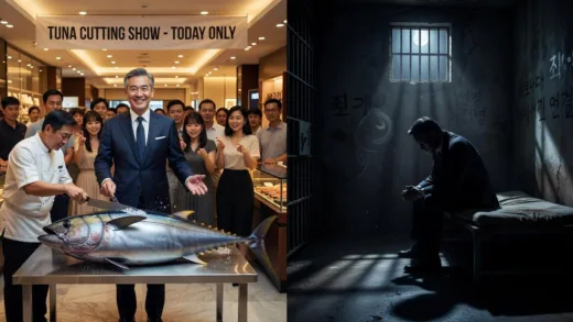 A Korean middle-aged businessman in a neat suit smiling during a tuna cutting show at a department store, juxtaposed with a dark silhouette of the same man in a Philippine prison cell, symbolic transformation from ordinary to criminal mastermind