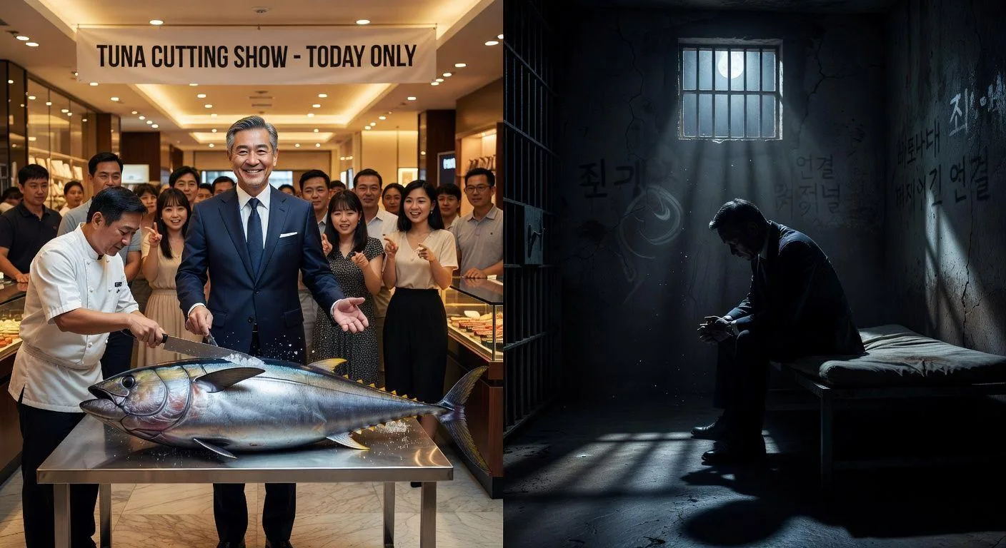 A Korean middle-aged businessman in a neat suit smiling during a tuna cutting show at a department store, juxtaposed with a dark silhouette of the same man in a Philippine prison cell, symbolic transformation from ordinary to criminal mastermind