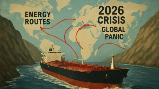 A large oil tanker navigating through a narrow strait, with a map of the world showing energy routes, 2026 crisis, global panic.