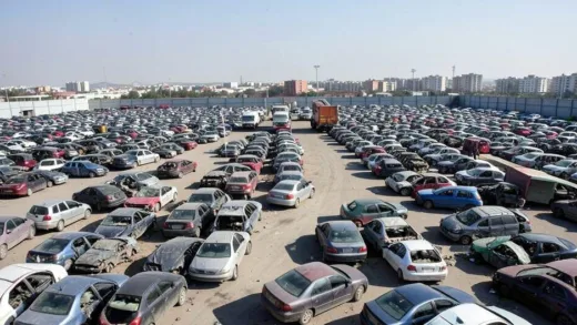 A large, organized salvage yard with thousands of damaged cars, some being towed, under a clear sky. In the background, a cityscape. The scene conveys efficiency and scale.