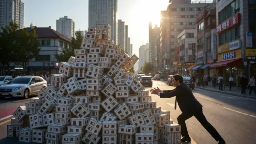 A large pile of building blocks representing apartments, with some blocks being pushed off the pile by a figure representing a Chinese investor, in the background, a busy Gangnam street in 2026, dramatic lighting, modern real estate landscape.
