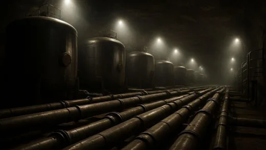 A large underground oil storage facility with pipes, illuminated by spotlights, symbolizing a massive release.