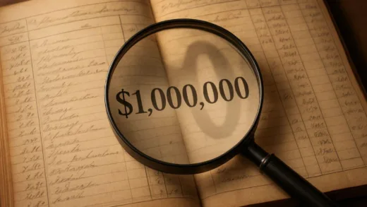 A magnifying glass over old ledgers, with a faint shadow of a colossal number, symbolizing wealth estimation.